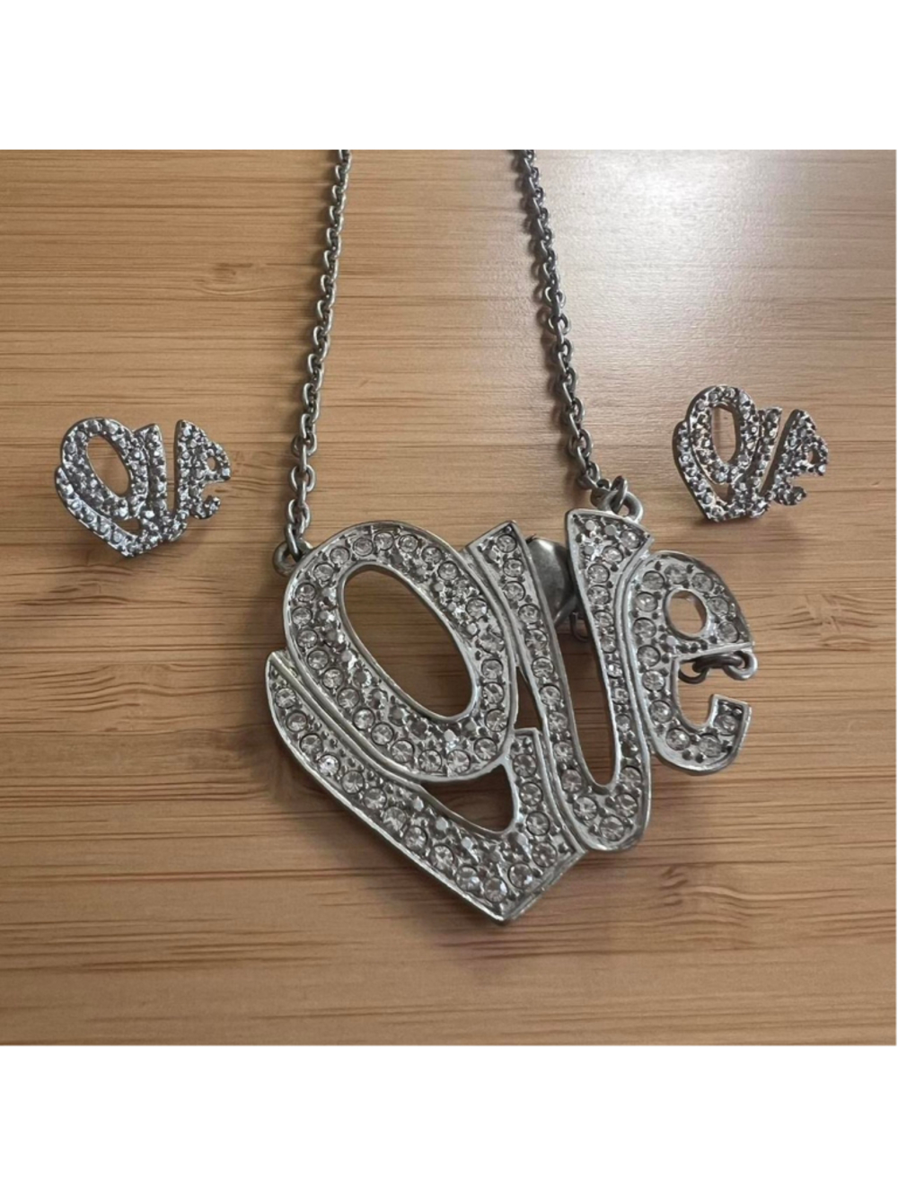 Y2k LOVE silver and rhinestone necklace and matching stud earrings